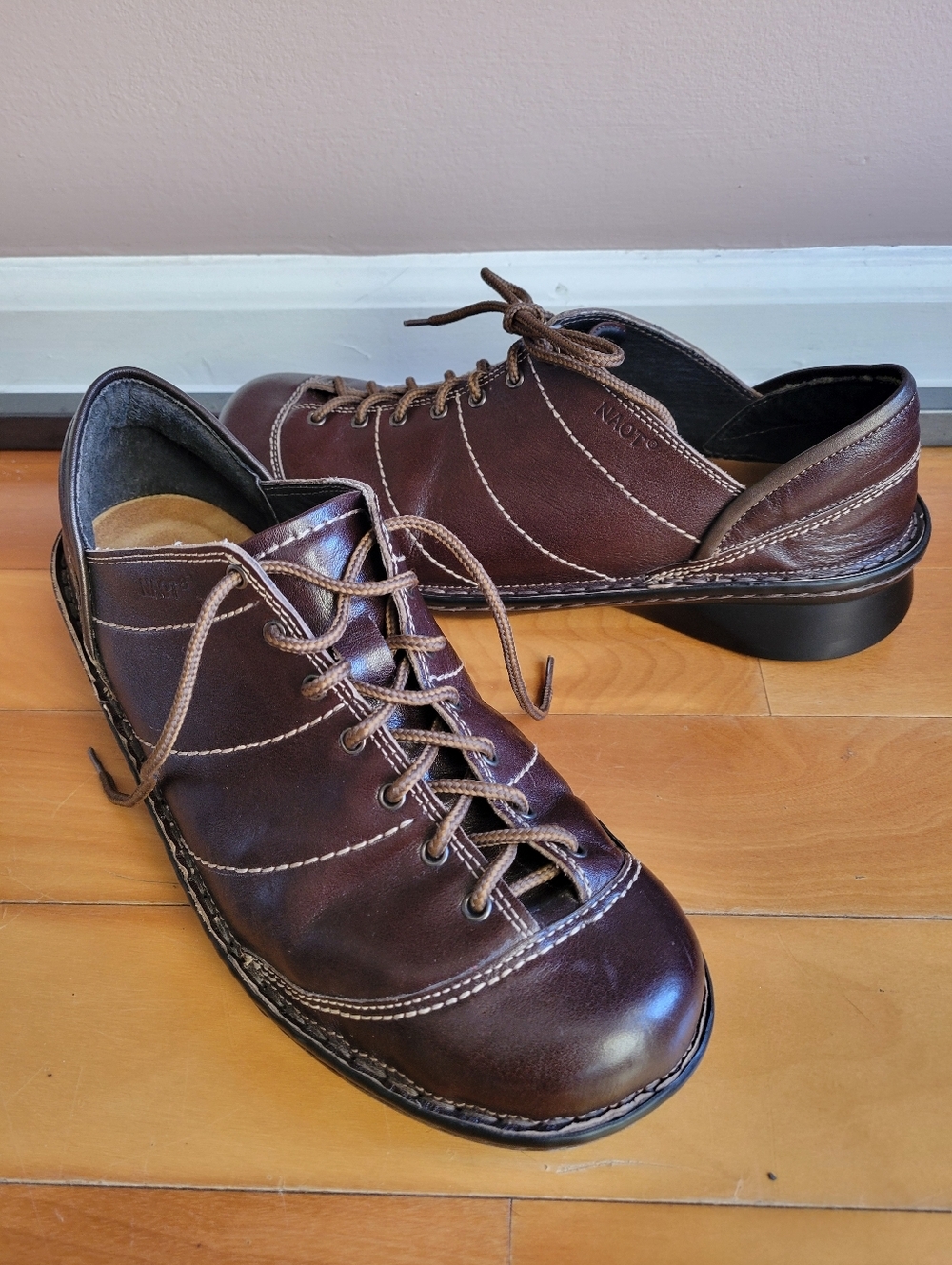 NAOT Shoes Lace-up Stitch Women's Shoes Brown Leather US 10 EU 41 Flat Ones - Picture 2 of 12
